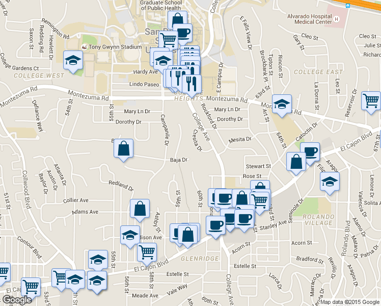 map of restaurants, bars, coffee shops, grocery stores, and more near 4959 Cresita Drive in San Diego