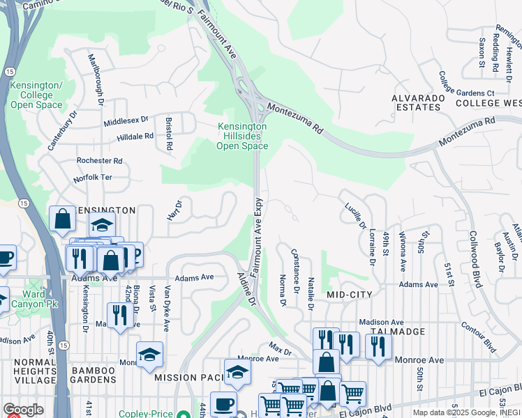map of restaurants, bars, coffee shops, grocery stores, and more near 4815 Talmadge Park Row in San Diego