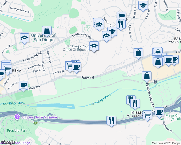 map of restaurants, bars, coffee shops, grocery stores, and more near 6401 Linda Vista Road in San Diego