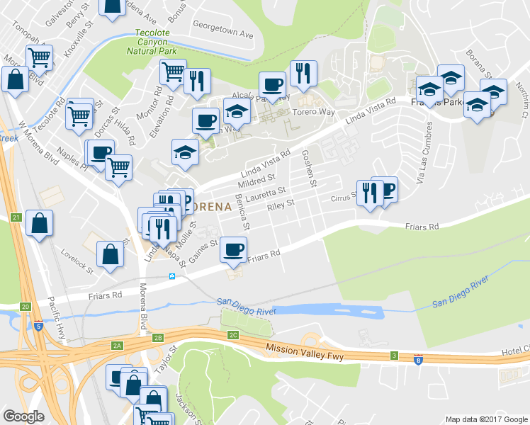 map of restaurants, bars, coffee shops, grocery stores, and more near 1236 Colusa Street in San Diego