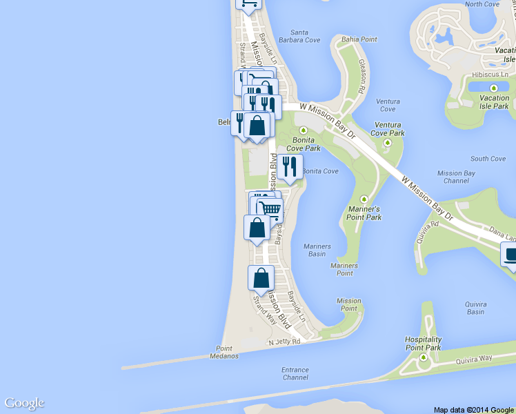 map of restaurants, bars, coffee shops, grocery stores, and more near in San Diego