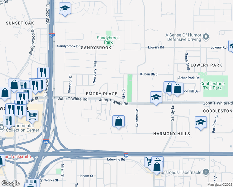 map of restaurants, bars, coffee shops, grocery stores, and more near 912 Iona Drive in Fort Worth