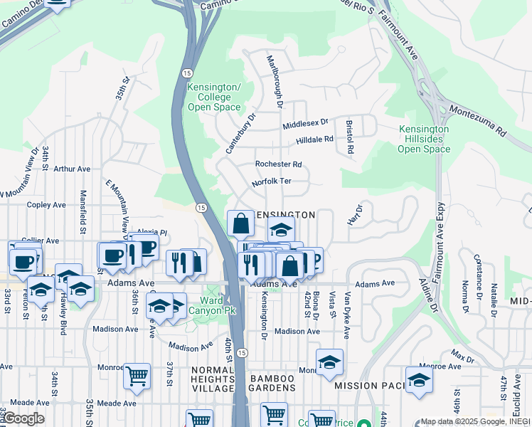 map of restaurants, bars, coffee shops, grocery stores, and more near Kensington Drive & Canterbury Drive in San Diego