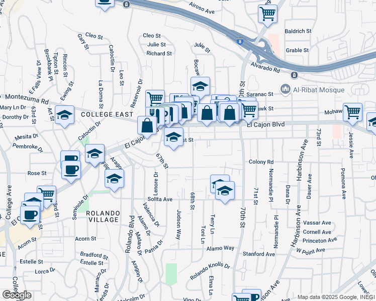 map of restaurants, bars, coffee shops, grocery stores, and more near 6805 Amherst Street in San Diego