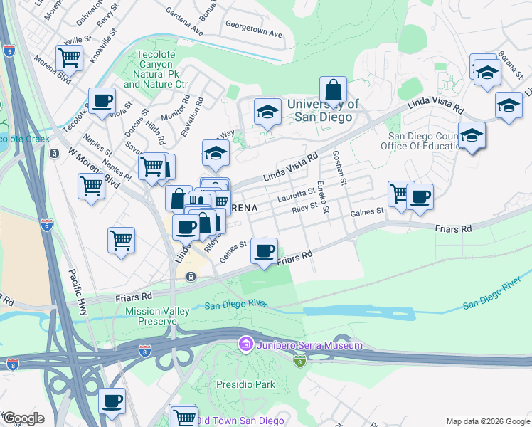 map of restaurants, bars, coffee shops, grocery stores, and more near 5548 Riley Street in San Diego