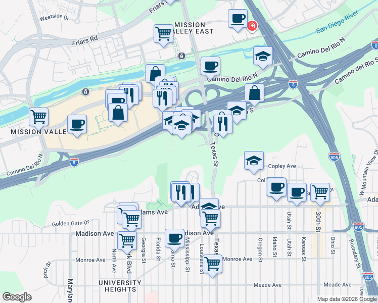map of restaurants, bars, coffee shops, grocery stores, and more near 2221 Camino del Rio South in San Diego