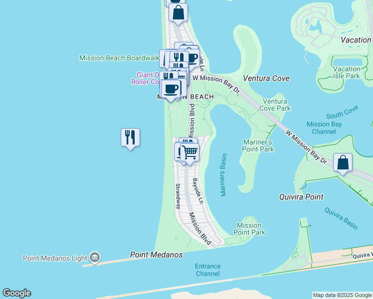 map of restaurants, bars, coffee shops, grocery stores, and more near 2954 Mission Boulevard in San Diego