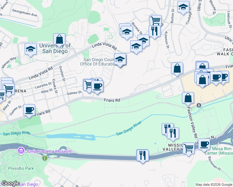 map of restaurants, bars, coffee shops, grocery stores, and more near 6401 Linda Vista Road in San Diego