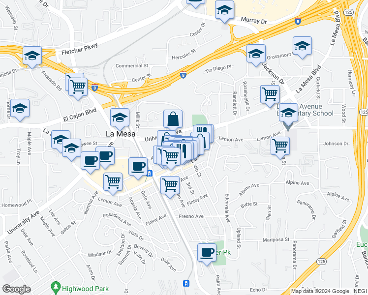 map of restaurants, bars, coffee shops, grocery stores, and more near 4868 Pine Street in La Mesa