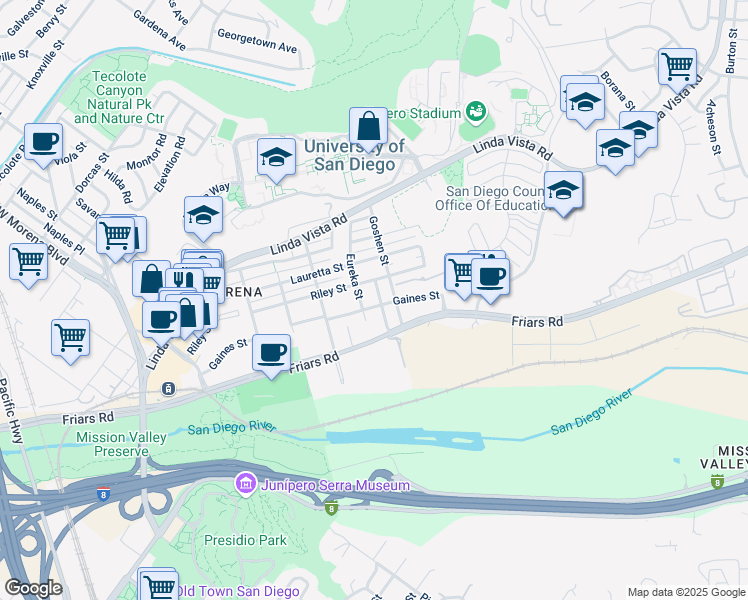 map of restaurants, bars, coffee shops, grocery stores, and more near 1145 Fresno Street in San Diego