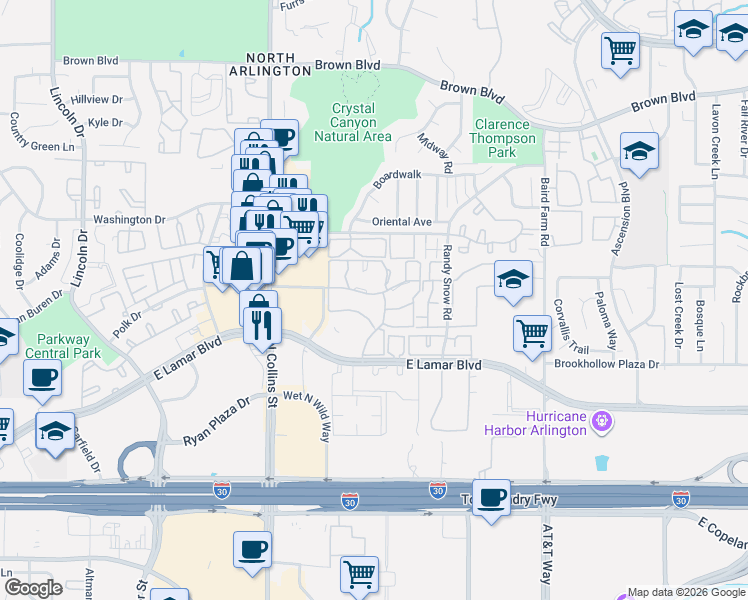 map of restaurants, bars, coffee shops, grocery stores, and more near 2103 Horizon Trail in Arlington