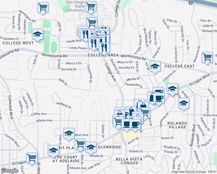 map of restaurants, bars, coffee shops, grocery stores, and more near 4959 Cresita Drive in San Diego