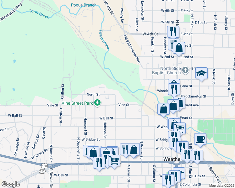 map of restaurants, bars, coffee shops, grocery stores, and more near 702 Bryan Street in Weatherford