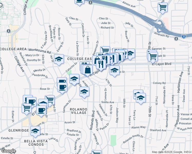 map of restaurants, bars, coffee shops, grocery stores, and more near 6643 1/2 Amherst Street in San Diego