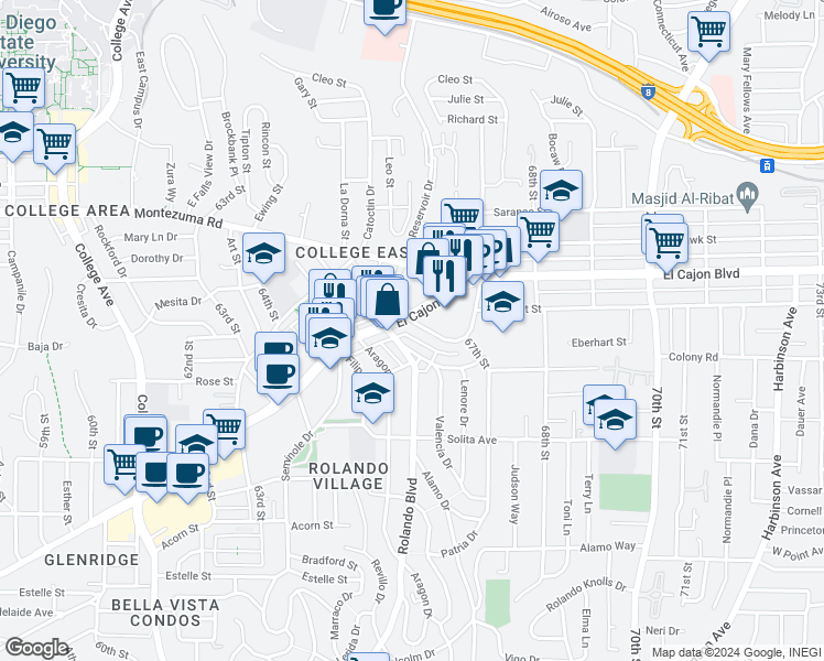 map of restaurants, bars, coffee shops, grocery stores, and more near 6631 Amherst Street in San Diego
