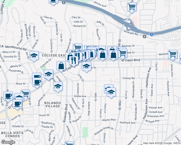 map of restaurants, bars, coffee shops, grocery stores, and more near 6761 Amherst Street in San Diego