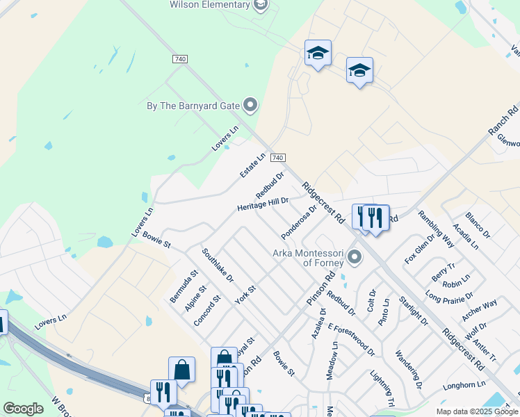 map of restaurants, bars, coffee shops, grocery stores, and more near 524 Redbud Drive in Forney