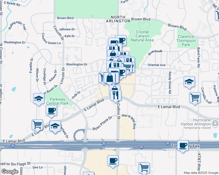 map of restaurants, bars, coffee shops, grocery stores, and more near 2100 North Collins Street in Arlington