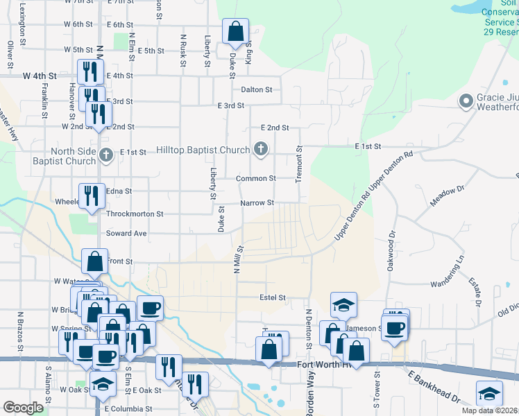 map of restaurants, bars, coffee shops, grocery stores, and more near 701 Narrow Street in Weatherford
