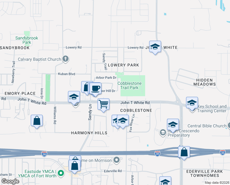 map of restaurants, bars, coffee shops, grocery stores, and more near 7545 Ashcroft Circle in Fort Worth