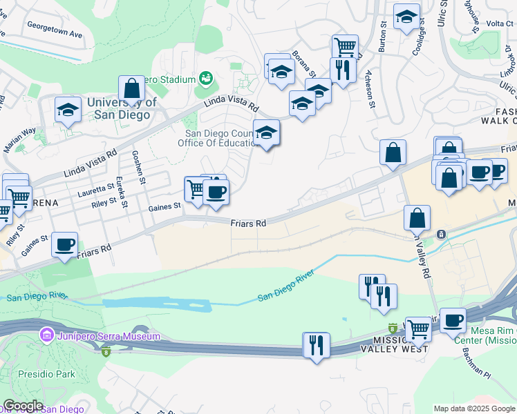 map of restaurants, bars, coffee shops, grocery stores, and more near 6401 Linda Vista Road in San Diego