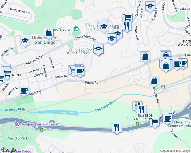map of restaurants, bars, coffee shops, grocery stores, and more near 6202 Friars Road in San Diego