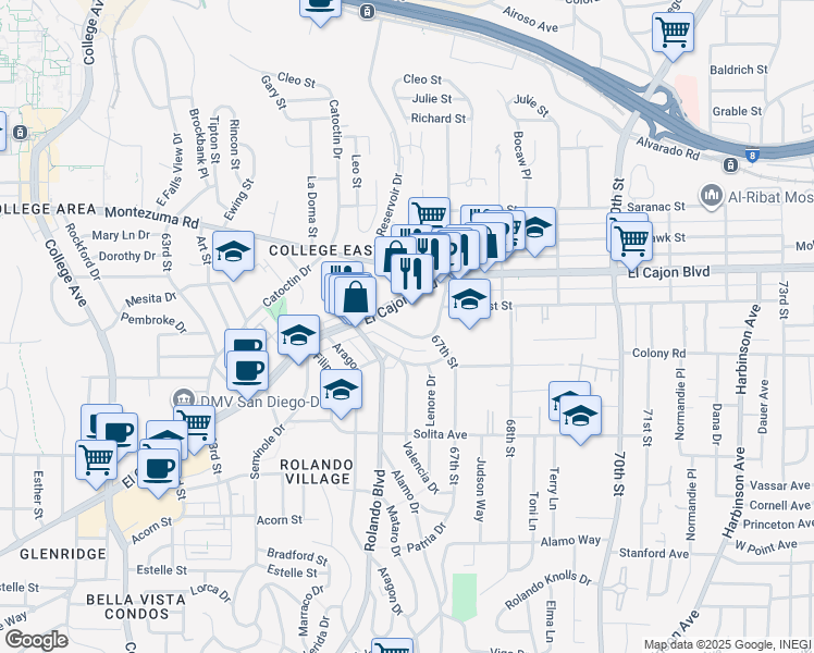 map of restaurants, bars, coffee shops, grocery stores, and more near 6663k El Cajon Boulevard in San Diego