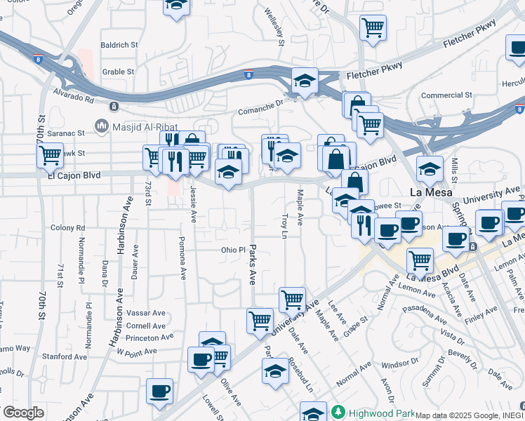 map of restaurants, bars, coffee shops, grocery stores, and more near 4841 Parks Avenue in La Mesa