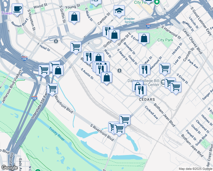 map of restaurants, bars, coffee shops, grocery stores, and more near 1409 South Lamar Street in Dallas