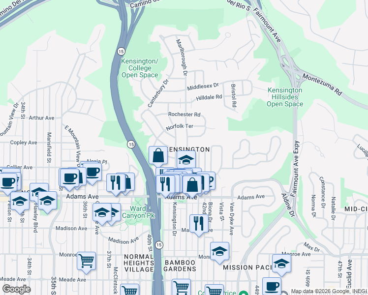 map of restaurants, bars, coffee shops, grocery stores, and more near 4936 Marlborough Drive in San Diego