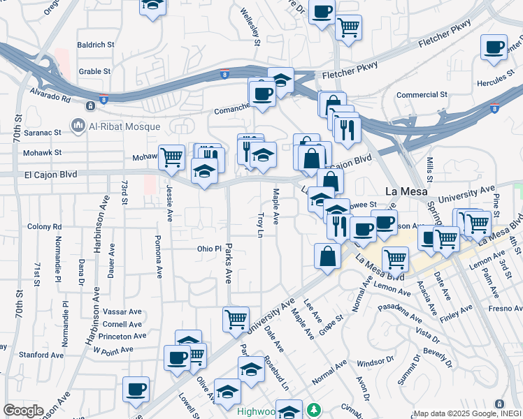 map of restaurants, bars, coffee shops, grocery stores, and more near 7720 Sunset Drive in La Mesa