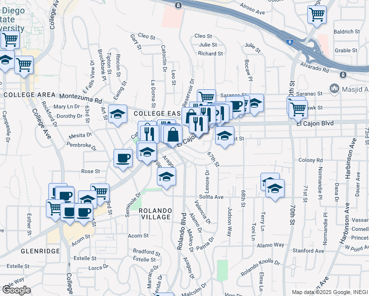 map of restaurants, bars, coffee shops, grocery stores, and more near 6556 El Cajon Boulevard in San Diego