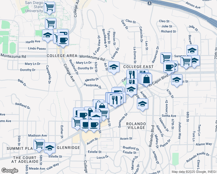 map of restaurants, bars, coffee shops, grocery stores, and more near 4944 Art Street in San Diego