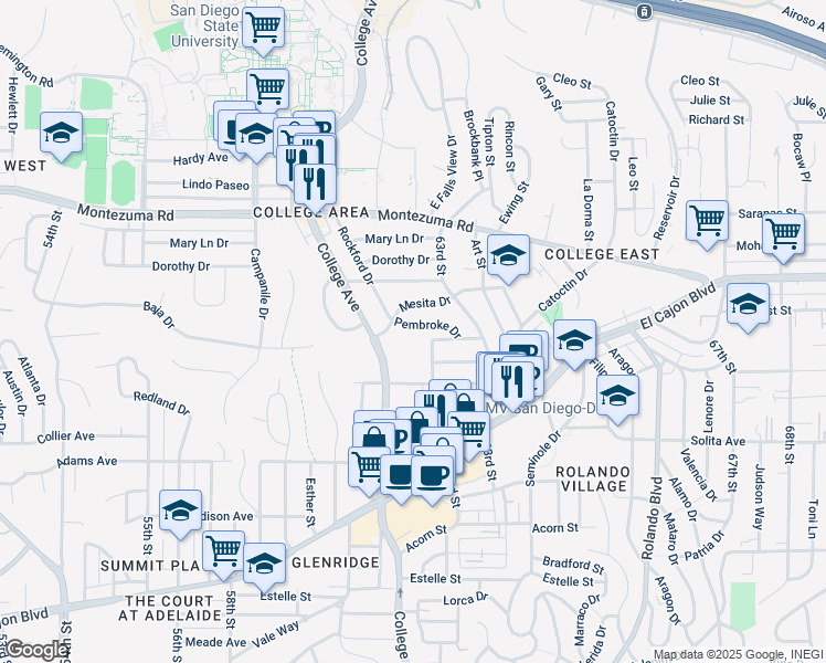 map of restaurants, bars, coffee shops, grocery stores, and more near 6117 Mesita Drive in San Diego