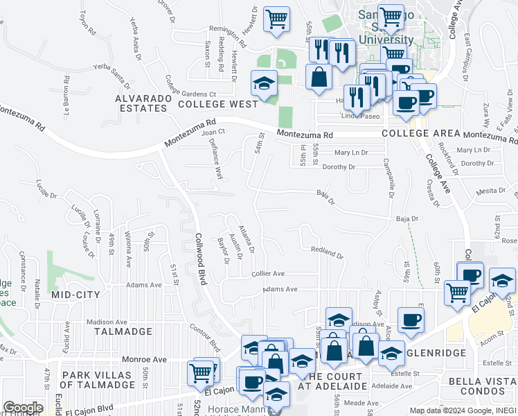 map of restaurants, bars, coffee shops, grocery stores, and more near in San Diego