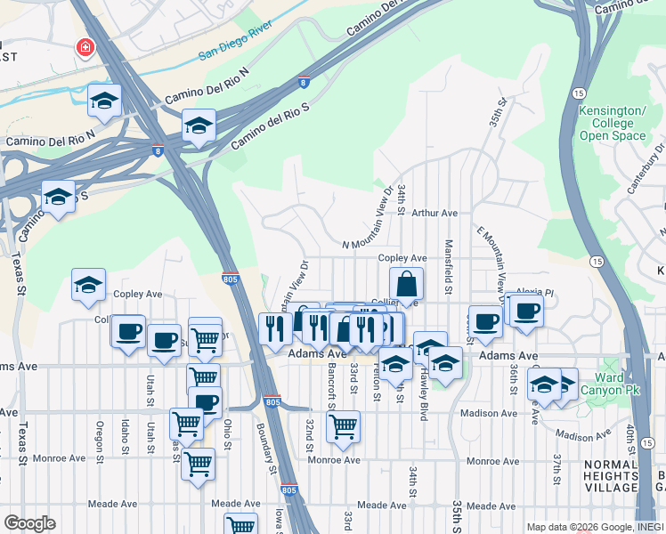 map of restaurants, bars, coffee shops, grocery stores, and more near 3228 Copley Avenue in San Diego