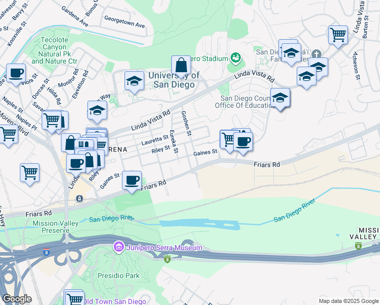 map of restaurants, bars, coffee shops, grocery stores, and more near 1145 Fresno Street in San Diego