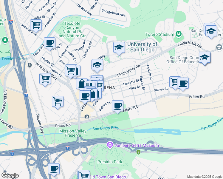 map of restaurants, bars, coffee shops, grocery stores, and more near in San Diego
