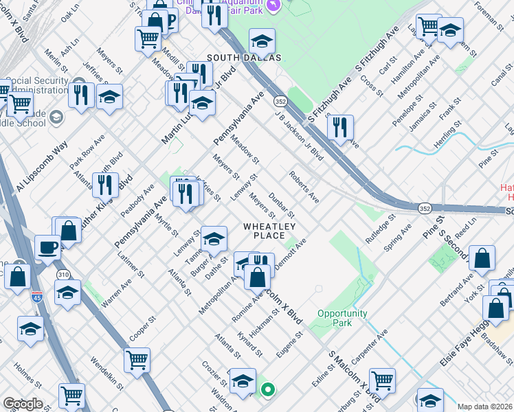map of restaurants, bars, coffee shops, grocery stores, and more near 3509 Meyers Street in Dallas