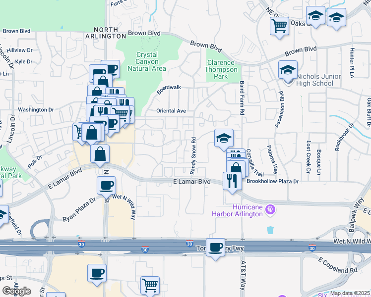 map of restaurants, bars, coffee shops, grocery stores, and more near 2101 Spring Mist Drive in Arlington