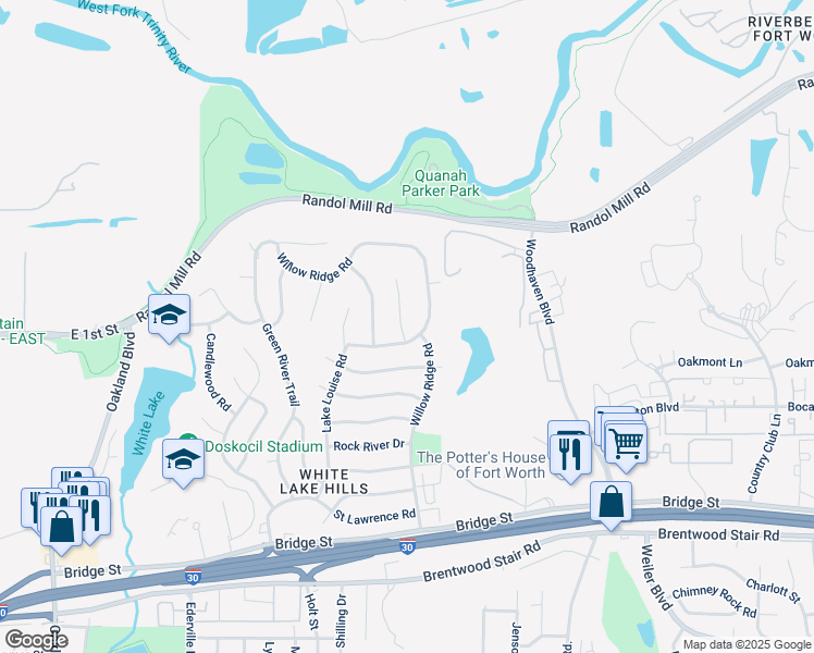 map of restaurants, bars, coffee shops, grocery stores, and more near 317 Cedar Creek Court in Fort Worth
