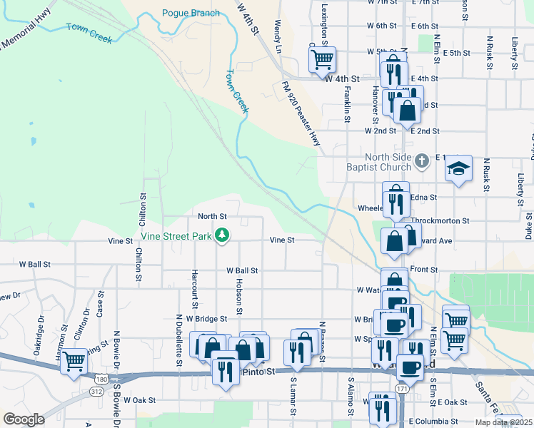 map of restaurants, bars, coffee shops, grocery stores, and more near 701 Bryan Street in Weatherford
