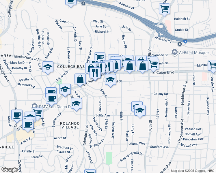 map of restaurants, bars, coffee shops, grocery stores, and more near 6735 Amherst Street in San Diego