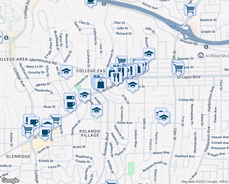 map of restaurants, bars, coffee shops, grocery stores, and more near in San Diego