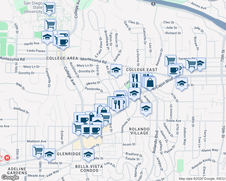 map of restaurants, bars, coffee shops, grocery stores, and more near 4944 Art Street in San Diego