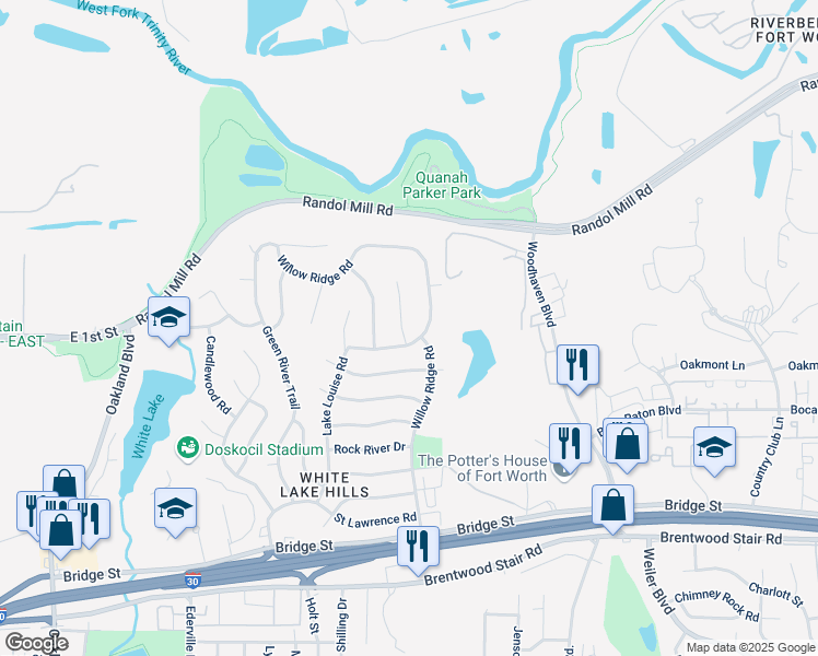 map of restaurants, bars, coffee shops, grocery stores, and more near 317 Cedar Creek Court in Fort Worth