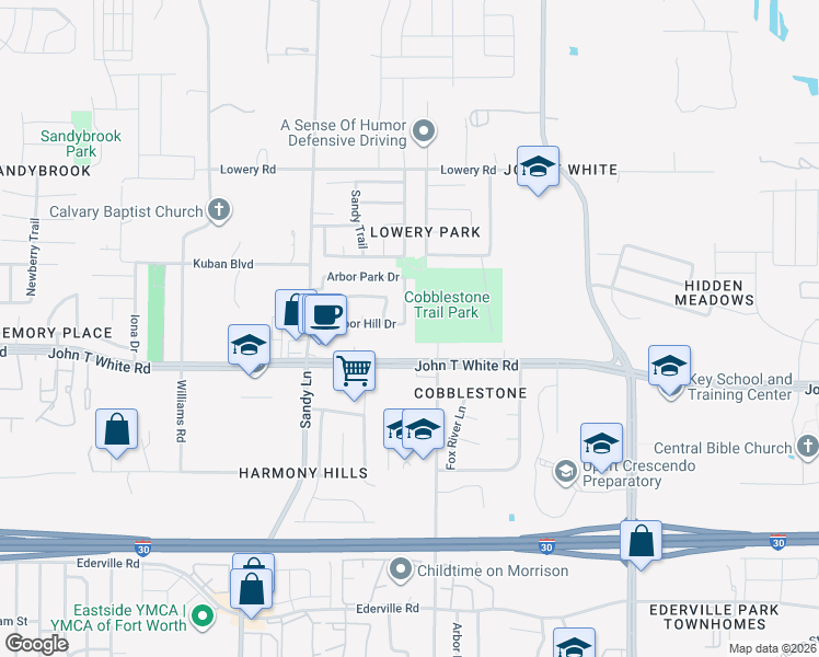map of restaurants, bars, coffee shops, grocery stores, and more near 7552 Arbor Hill Drive in Fort Worth