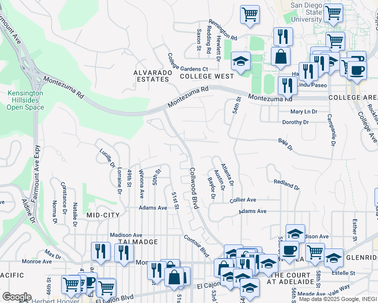 map of restaurants, bars, coffee shops, grocery stores, and more near 4929 Collwood Boulevard in San Diego