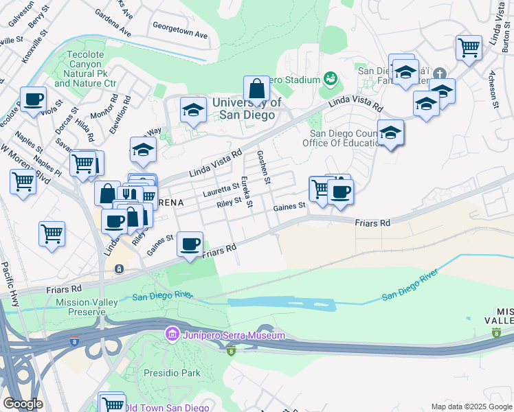 map of restaurants, bars, coffee shops, grocery stores, and more near 1145 Fresno Street in San Diego