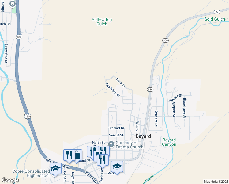 map of restaurants, bars, coffee shops, grocery stores, and more near Alta Vista Drive in Bayard